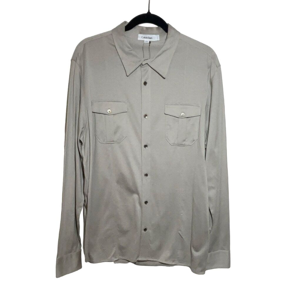 Calvin Klein Men's Long Sleeve Knit Button Down Shirt Beige Cotton Regular L